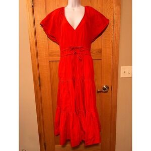 Free Assembly Women's Red Orange Cotton Poplin Tiered Maxi Dress V-Neck Size L